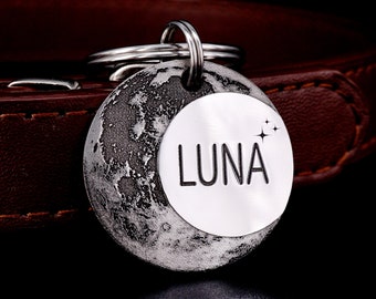 Luna Dog Tag, Custom Moon Dog Tag, Unique Near and Far Side of the Moon Pet Tag, Moon Cat Tag, Moon Phase Dog Tag, Planet Dog Tag