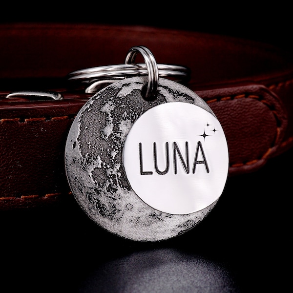 Luna Dog Tag, Custom Moon Dog Tag, Unique Near and Far Side of the Moon Pet Tag, Moon Cat Tag, Moon Phase Dog Tag, Planet Dog Tag