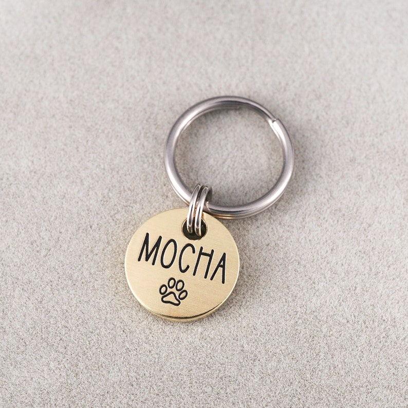 Peut inclure: Une m&eacute;daille pour chien dor&eacute;e avec un anneau de cl&eacute; argent&eacute;. La m&eacute;daille porte le mot "MOCHA" grav&eacute; et un symbole de patte.