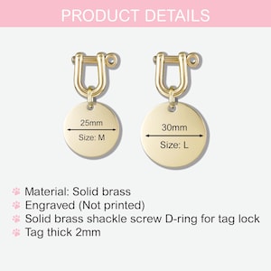 May include: Two gold-tone dog tags with engraved text. The smaller tag measures 25mm and is labeled "Size: M". The larger tag measures 30mm and is labeled "Size: L".