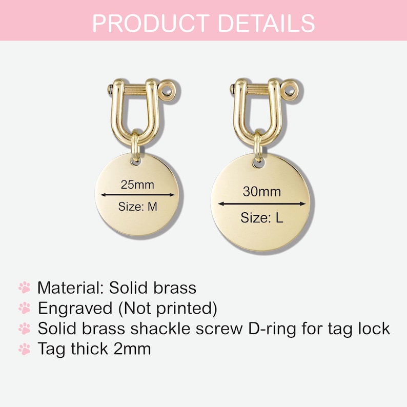 May include: Two gold-tone dog tags with engraved text. The smaller tag measures 25mm and is labeled "Size: M". The larger tag measures 30mm and is labeled "Size: L".