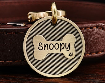 Placa de identificación personalizada de latón con forma de hueso y rayas para perros, placa para mascota, placa personalizada con huella de pata para perros, placa para collar de perro con rayas