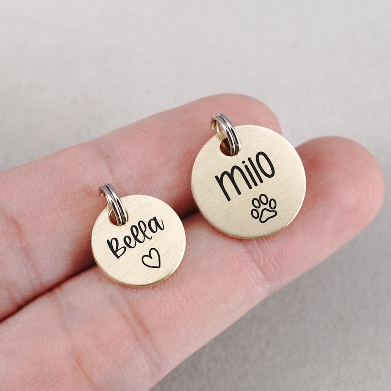 Peut inclure: Deux m&eacute;dailles d'identification rondes pour animaux de compagnie de couleur or avec des noms grav&eacute;s. La m&eacute;daille de gauche indique "Bella" avec un symbole de c&oelig;ur. La m&eacute;daille de droite indique "Milo" avec un symbole de patte.
