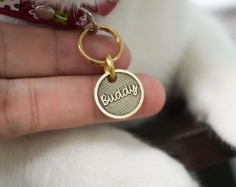 Personalized Brass Cat Tag, Engraved Stripe Cat and Puppy Name Tag
