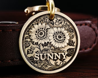 Custom Brass Sunflower Dog Tag, Engraved Flower Pet ID Tag, Cat Tag, Flower Dog Collar Tag, Gift for Dog