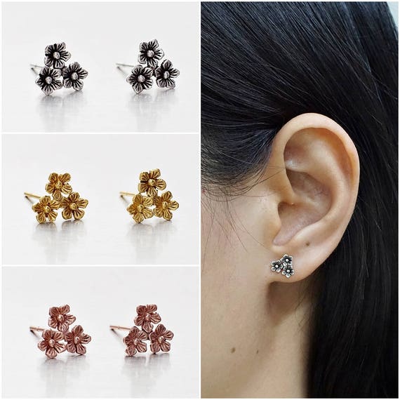 925 Sterling Silver Oxidized Earrings Triple Flower Earrings Etsy