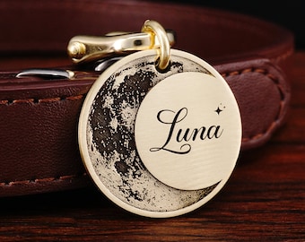 Moon Dog Tag, Cat Tag, Brass Dog Tag, Dog Collar Tag, Custom Dog Tag, Dog Name Tag, Luna Dog Tag, Gift for Pet Lovers