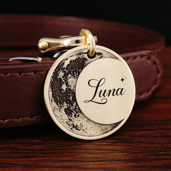 Custom Brass Moon Dog Tag, Cat Tag, Personalized Pet ID Tag, Luna Dog Tag, Dog Collar Tag