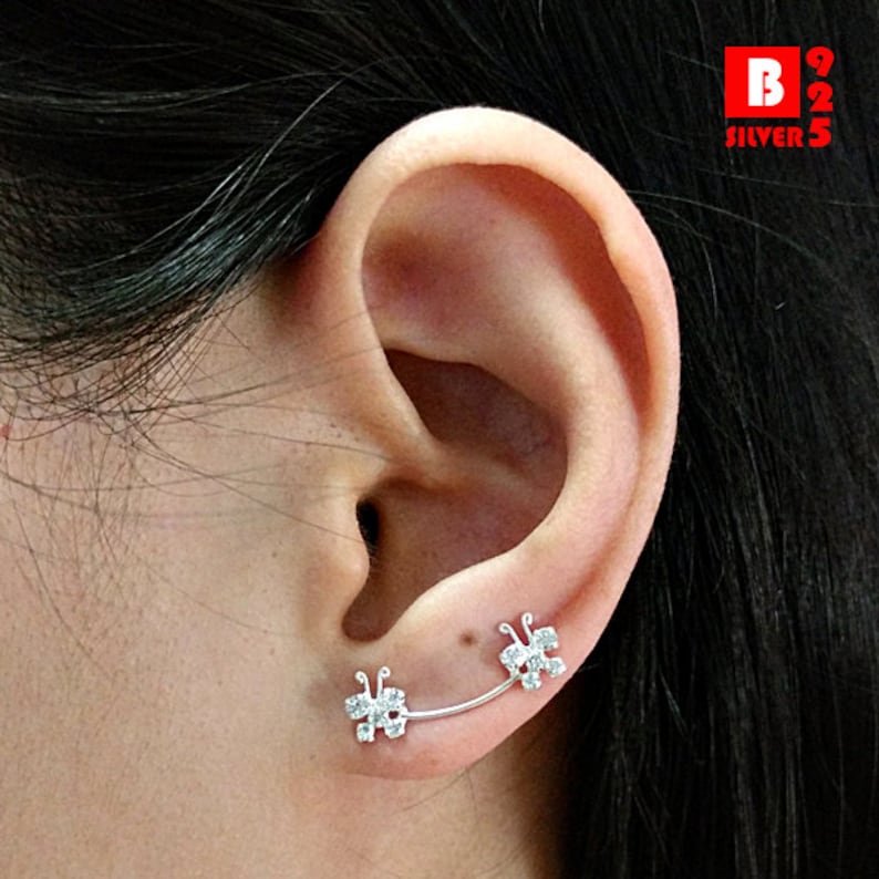 Crystal Earrings Pins Code : ED110A Butterfly Earrings 925 Sterling Silver Ear Climbers Ear Cuff Earrings
