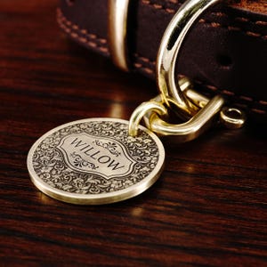 Custom Brass Western Flower Dog Tag, Cat Tag, Luxury Dog Collar Tag, Engraved Unique Pet Tag, Dog Name Tag image 4