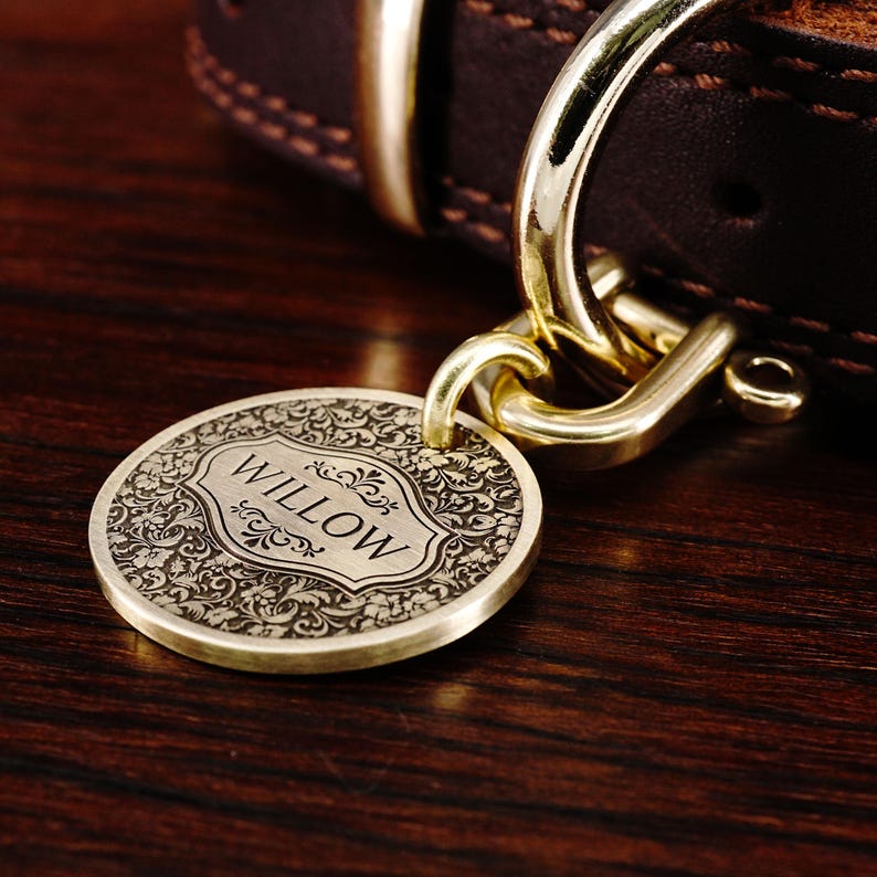 Custom Brass Western Flower Dog Tag, Cat Tag, Luxury Dog Collar Tag, Engraved Unique Pet Tag, Dog Name Tag image 4