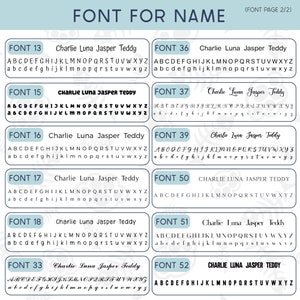 May include: A chart with different font styles for names. The chart shows the alphabet in uppercase and lowercase letters in each font style. The font styles are labeled with numbers, such as Font 13, Font 15, Font 16, Font 17, Font 18, Font 33, Font 36, Font 37, Font 39, Font 50, Font 51, and Font 52.