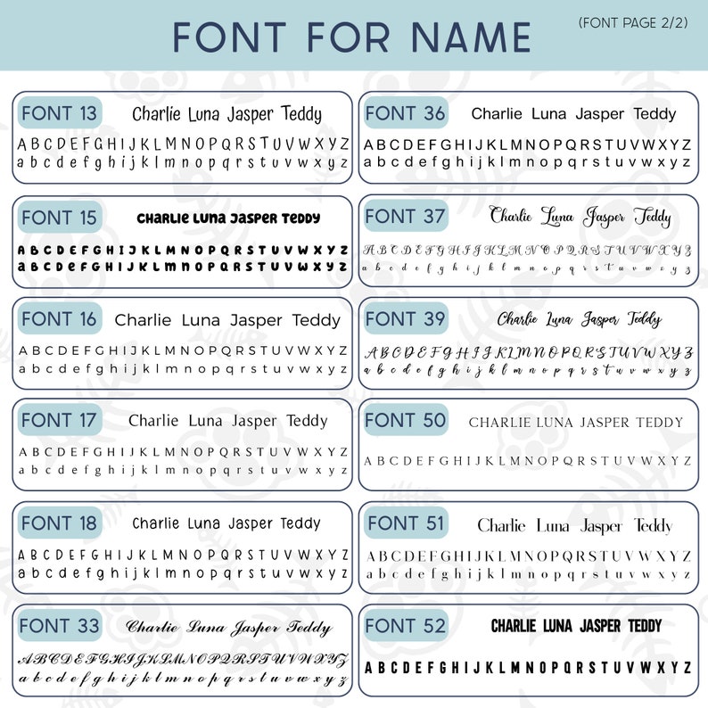May include: A chart with different font styles for names. The chart shows the alphabet in uppercase and lowercase letters in each font style. The font styles are labeled with numbers, such as Font 13, Font 15, Font 16, Font 17, Font 18, Font 33, Font 36, Font 37, Font 39, Font 50, Font 51, and Font 52.