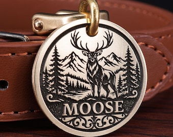 Personalized Brass Hunting Dog Tag, Engraved Deer Pet ID Collar Tag