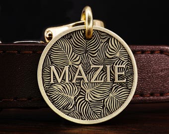 Custom Brass Leaf Dog Tag, Cat Tag, Pet Tag, Tropical Leaf Dog Collar Tag, Nature Dog Name Tag