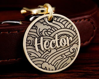 Personalized Ocean Wave Dog Tag, Cat Tag, Custom Dog Collar Tag, Brass Pet Tag, Dog Name Tag