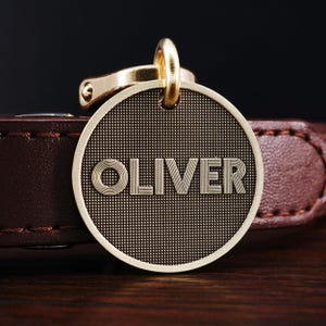May include: A gold-colored metal dog tag with a textured surface and the name "OLIVER" engraved in a stylized font.