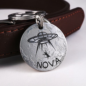 Placa de identificación lunar, placa personalizada para gato, placa de identificación personalizada para mascota, placa de identificación OVNI, placa de identificación extraterrestre, placa con nombre para perro