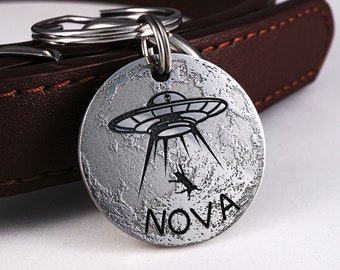 Moon Dog Tag, Custom Cat Tag, Personalized Pet ID Tag, UFO Dog Tag, Alien Pet Tag, Dog Name Tag