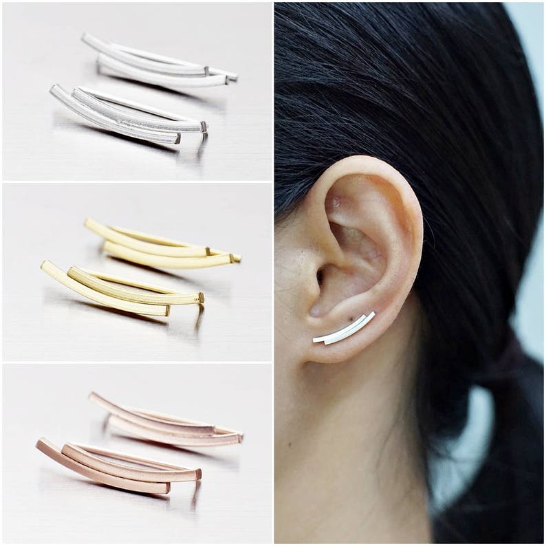 Code : ED129 Gold Plated Double Bar Earrings Rose Gold Plated Earrings Earrings Pins Bar Earrings 925 Sterling Silver Ear Climbers