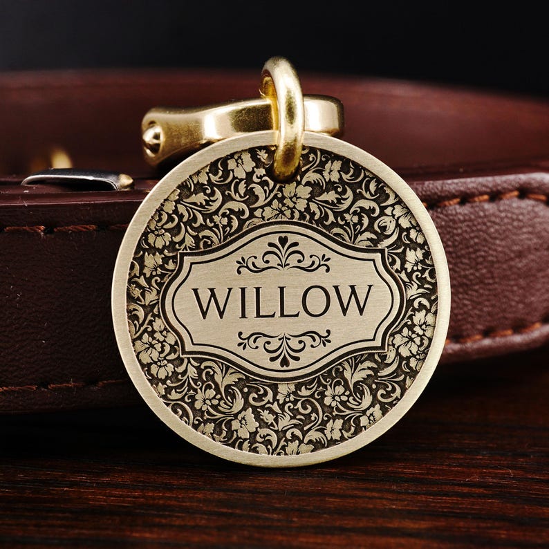 Custom Brass Western Flower Dog Tag, Cat Tag, Luxury Dog Collar Tag, Engraved Unique Pet Tag, Dog Name Tag image 1