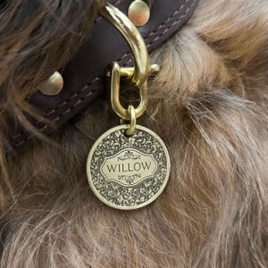 May include: A gold-colored dog tag with an ornate design and the name "WILLOW" engraved on it. The tag is attached to a brown leather dog collar.