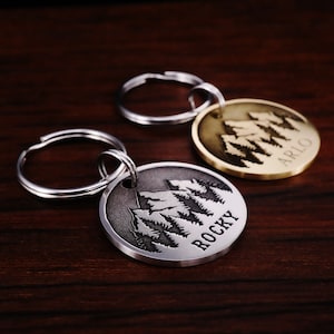 Personalized Mountain Forest Dog Tag, Cat Tag, Custom Adventure Pet ID Tag, Microchipped Tag, Pet Collar Tag, Unique Pet Tag