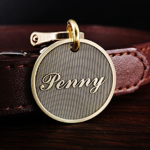 Personalized Brass Pet ID Tag: Engraved Geometric Stripe Dog Cat Tag