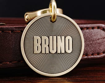 Custom Brass Geometric Dog Tag, Cat Tag, Pet Tag, Circle Line Art Dog Collar Tag
