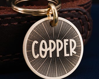 Personalized Brass Sun Dog Tag, Cat Tag, Custom Sunshine Pet ID Tag, Simple Dog Collar Tag