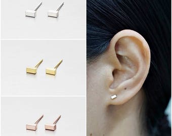925 Sterling Silver Earrings, Rectangle Bar Earrings, Gold Plated Earrings, Rose Gold Plated Earrings, Stud Earrings (Code : EG60)