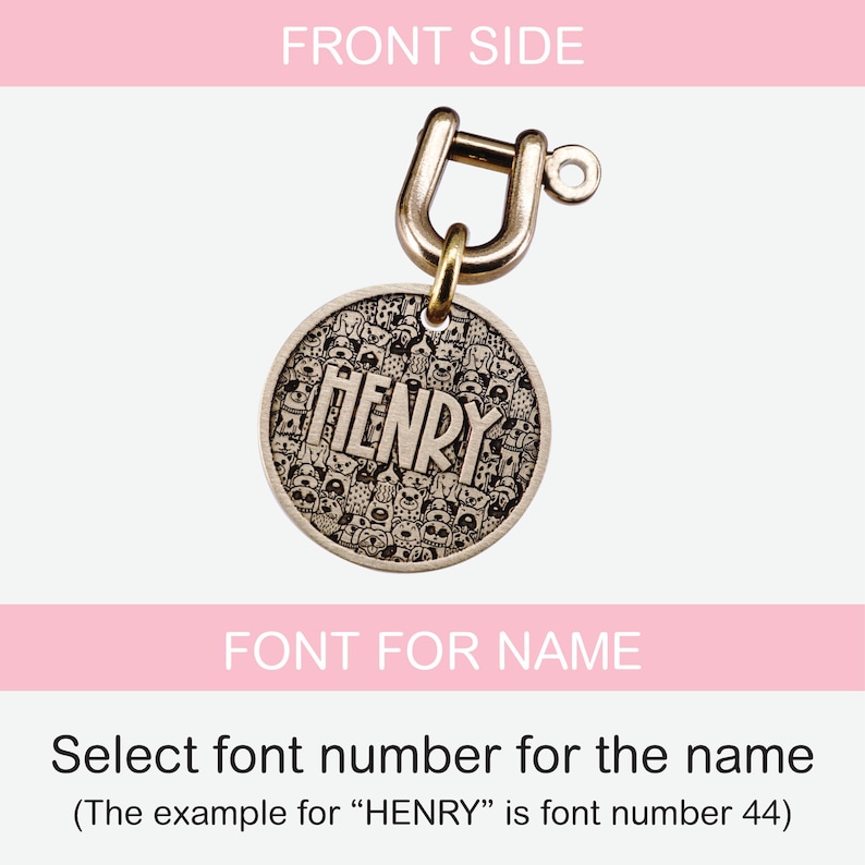 Puede incluir: Una placa de identificaci&oacute;n para perro de color dorado con un dise&ntilde;o redondo grabado que presenta un patr&oacute;n de perros peque&ntilde;os. La placa tiene un anillo de color lat&oacute;n y un lazo de metal para sujetarlo a un collar. El nombre "HENRY" est&aacute; grabado en una fuente en negrita en la placa.