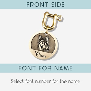 May include: Gold-colored dog tag with a round, engraved image of a dog's head and the name "Oscar" in a cursive font.