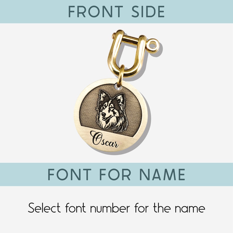 May include: Gold-colored dog tag with a round, engraved image of a dog's head and the name "Oscar" in a cursive font.