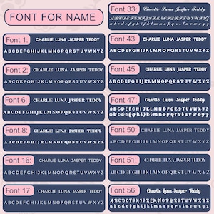 May include: A graphic showing different font styles for names. The fonts are displayed in blue and white boxes with the text "CHARLIE LUNA JASPER TEDDY" in each box. The font numbers are displayed in pink boxes.