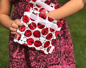 Ladybug Print Reusable Sandwich Bags. Reusable Snack Bags. Food Storage Bags. Waterproof Snack Bag. Zipper Reusable Bag. Eco Friendly.