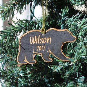 Personalized Christmas Ornament, Black, Brown Bear, Custom Gift, Choose Name & Year, Engraved Wood, Mountain Home, Alaska, Alpine, Kodiak