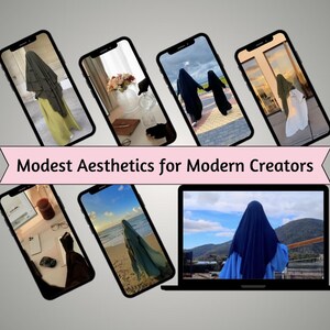 Op de afbeelding: Een verzameling smartphoneschermen en een laptop die afbeeldingen tonen van bescheiden mode en lifestyle-sc&egrave;nes. De schermen tonen verschillende outfits en omgevingen, met de tekst "Modest Aesthetics for Modern Creators".