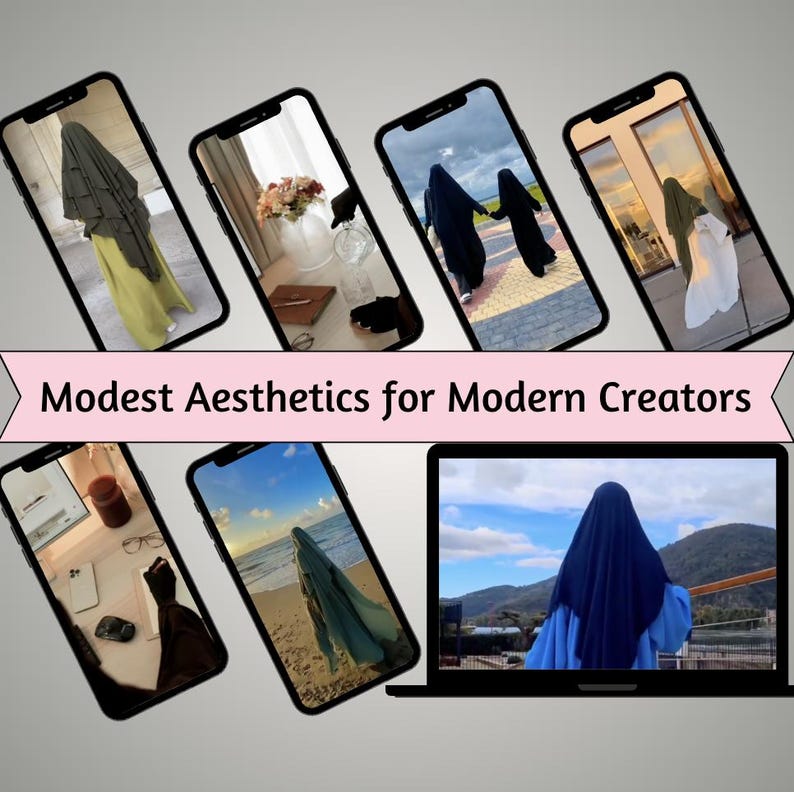 Op de afbeelding: Een verzameling smartphoneschermen en een laptop die afbeeldingen tonen van bescheiden mode en lifestyle-sc&egrave;nes. De schermen tonen verschillende outfits en omgevingen, met de tekst "Modest Aesthetics for Modern Creators".