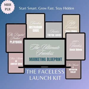 May include: A digital marketing graphic with the text "The Ultimate Faceless Marketing Blueprint" on a laptop, surrounded by tablets with titles like "Instagram Guide" and "Stock Videos." The phrase "Start Smart. Grow Fast. Stay Hidden" is at the top.