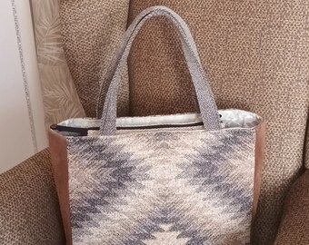Handmade tote bag/grey/brown/suede/zipp