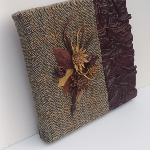 Handmade framed textile artwork / Harris tweed/leather/flower/dragonfly