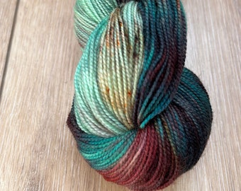 Eurasian Teal: green teal and orange superwash merino/nylon fingering weight 4ply sock yarn, high twist OOAK 100g skein