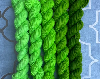 Uranium: five mini skeins in shades of lime green, fingering weight 4 ply sock yarn, 20g mini skeins, ombré gradient set, fade set