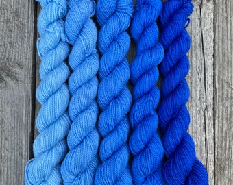 Copper sulphate superwash merino/nylon: Fingering weight 4ply sock yarn, ombré set of five tonal mini skeins, hand dyed in shades of blue