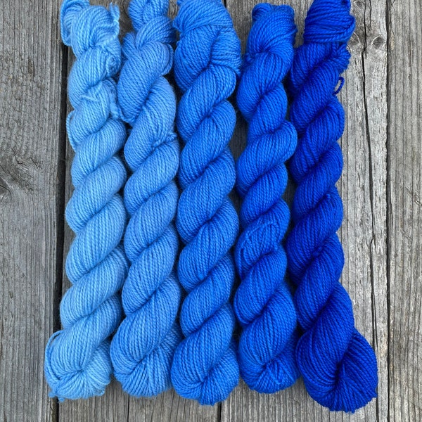 Copper sulphate superwash merino/nylon: Fingering weight 4ply sock yarn, ombré set of five tonal mini skeins, hand dyed in shades of blue