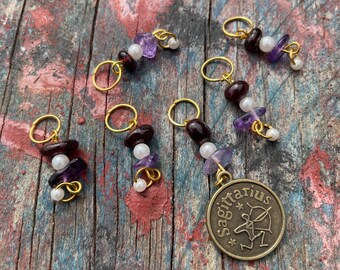 Sagittarius stitch markers: set of six stitch keepers, progress keepers, with genuine garnet and amethyst gemstone chips. zodiac collection