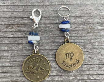 Virgo stitch markers: set of six stitch keepers, progress keepers, with genuine lapis lazuli and moonstone beads, zodiac collection