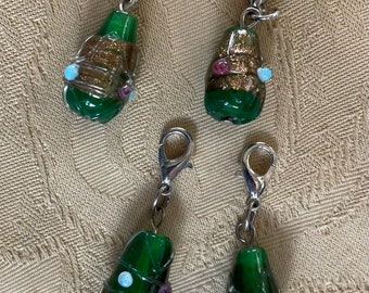 Limited edition green drop-shaped glass stitch marker, progress marker, stitch keeper