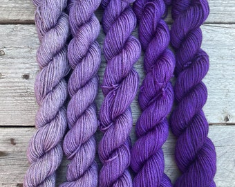 Faded Royalty on yak: superwash merino, yak, nylon blend, 4ply fingering weight yarn, five mini skeins ombré set, shades of purple